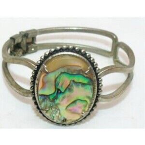 Abalone Shell Inlay Bracelet Metal Silvertone Hinge Clasp 2 1/4” Oval Vtg